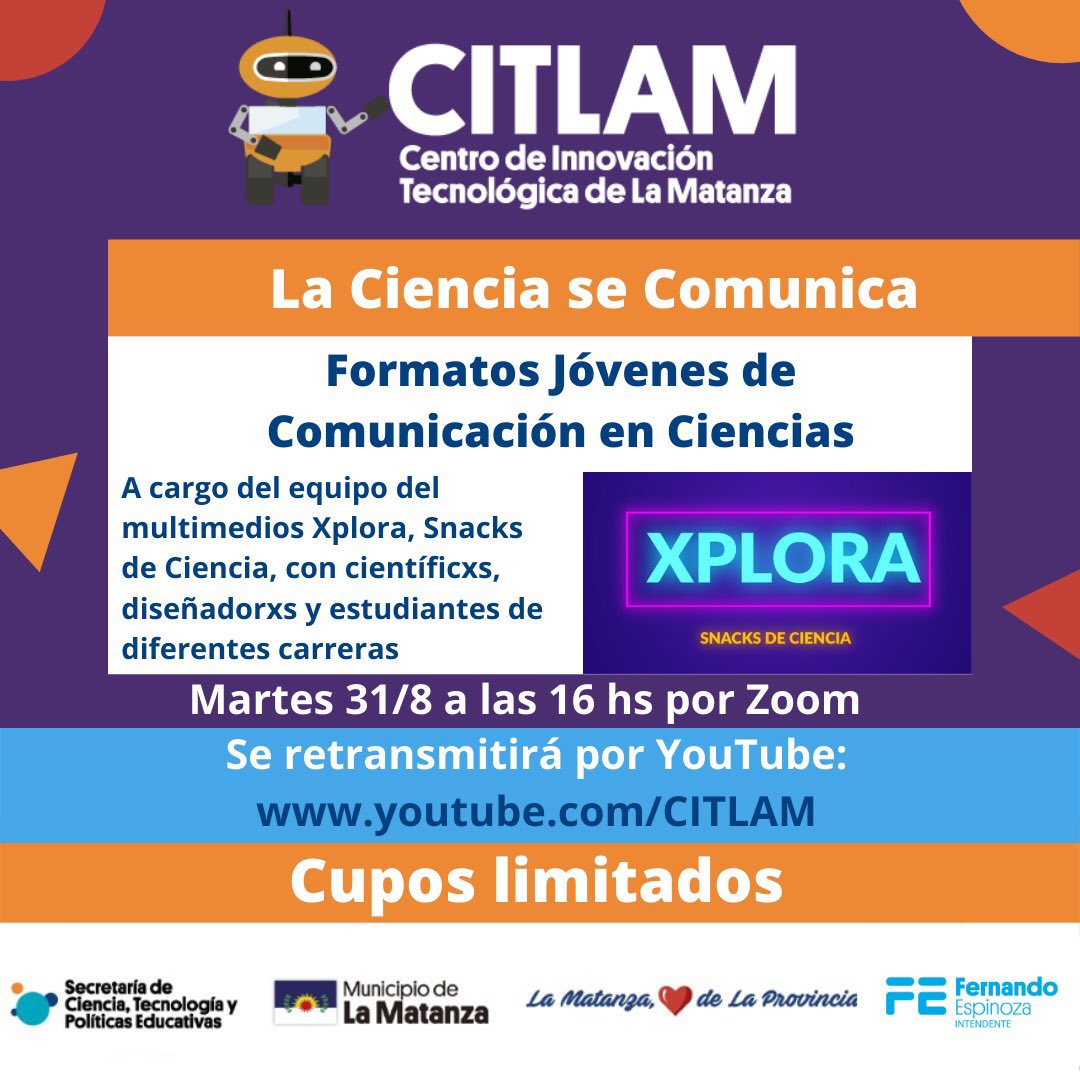 CITLAMok's tweet photo. El martes 31/8, lanzamos el 1er encuentro de la capacitación para estudiantes en Comunicación Pública de la Ciencia, con @xplora_ciencia, ¡que la rompe comunicando ciencia!

La Matanza, 💚 científico. Ciudad de Aprendizaje UNESCO📚
@ferespinozaok @silvinagvirtz @educacioncyt https://t.co/E3GjZym2XC