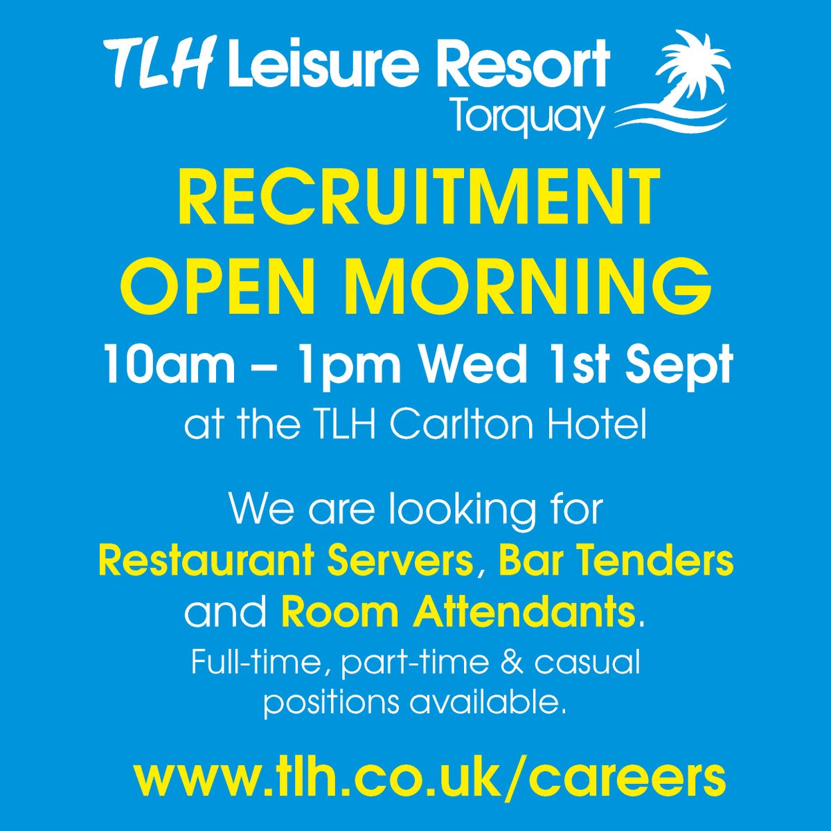 tlhhotels's tweet photo. 📣 We're Hiring! 📣
Join one of Torquay's biggest employers in this exciting and rewarding industry.  Come along to our Recruitment Open Morning to find out more. #TLHhotels #recruitment #hospitality https://t.co/gn7WZvcybv
@TDATorbay @CareersSDC @TheTorbayWeekly https://t.co/cRVd7OK8EB