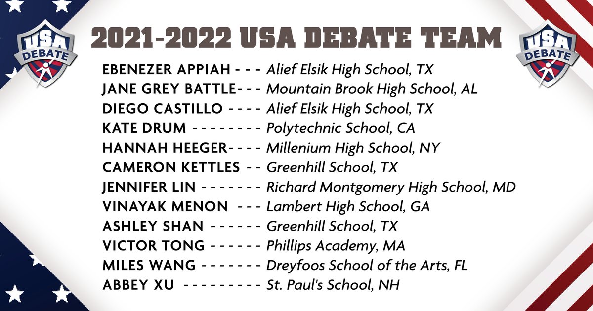speechanddebate's tweet photo. Congratulations to the new members of the 2021-22 USA Debate Team and Development Team! For more information, visit https://t.co/6t62m2NEyN https://t.co/v6C91zotnG