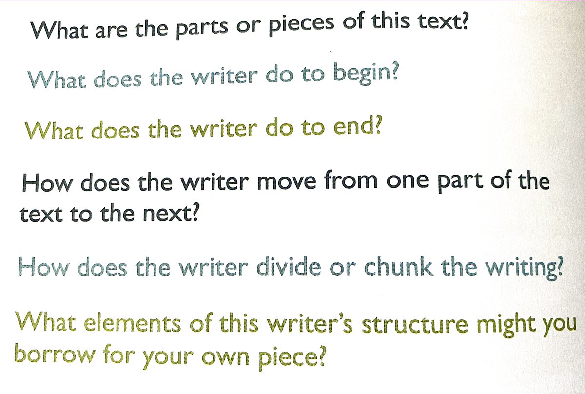 I love these guiding questions for studying text structure from A Teacher’s Guide to Mentor Texts. This is the way to develop conceptual understandings of writers’ organizational choices. <a href="/AllisonMarchett/">Allison Marchetti</a> @RebekahODell1 <a href="/HeinemannPub/">Heinemann</a>