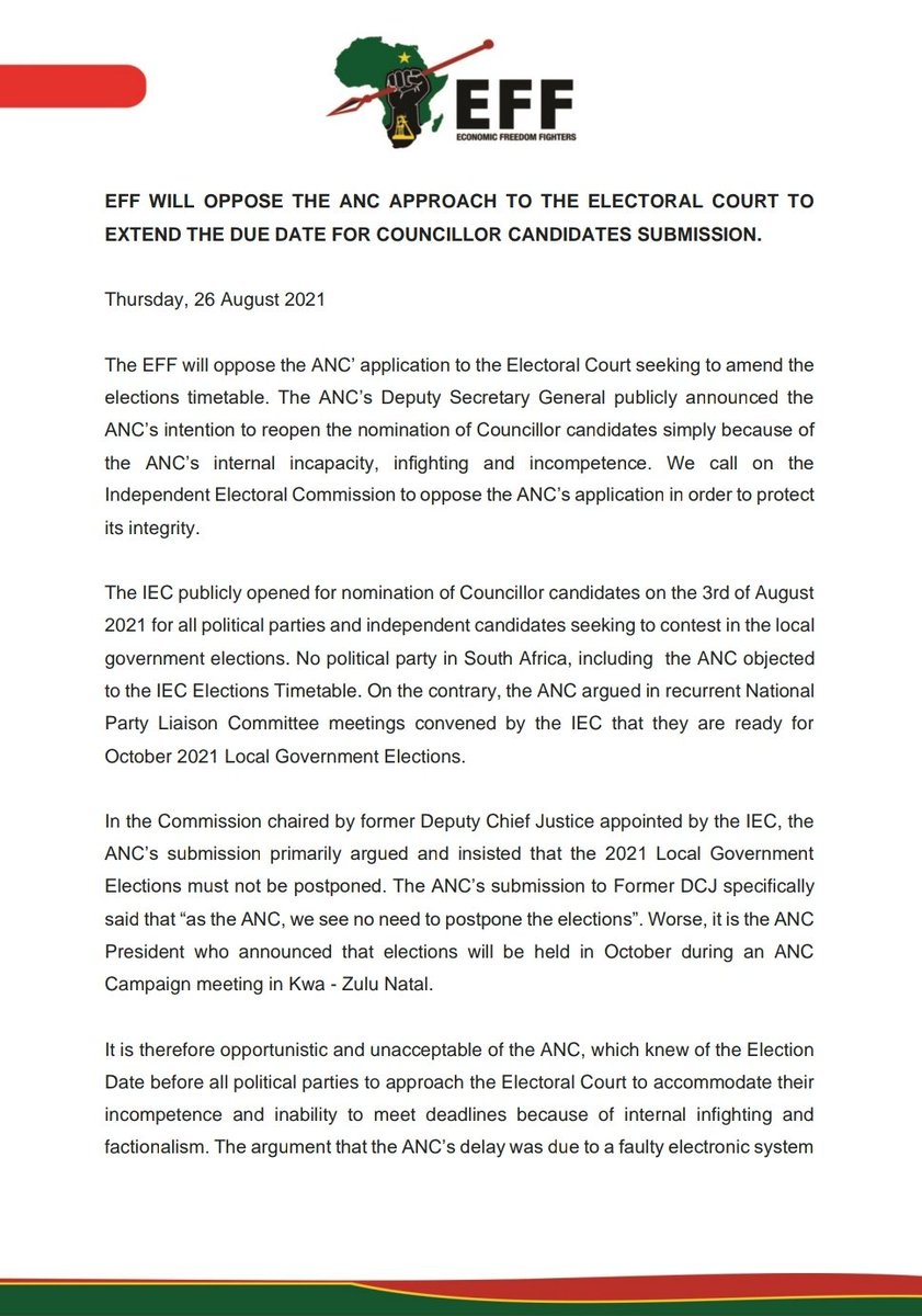 EFFSouthAfrica's tweet photo. EFF Will Oppose The ANC Approach To The Electoral Court To Extend The Due Date For Councillor Candidates Submission. https://t.co/l8XbvC7B41