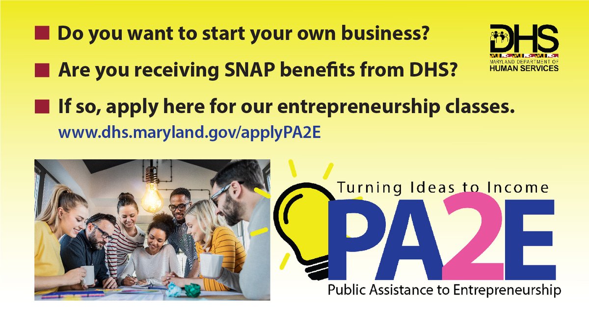 Do you have dreams of being a successful small business owner? In partnership with <a href="/MarylandSBDC/">MarylandSBDC</a>, our PA2E program offers free entrepreneurship classes to SNAP + TCA recipients, noncustodial parents, foster youth, &amp; veterans on assistance. Apply today! ➡️dhs.maryland.gov/applyPA2E