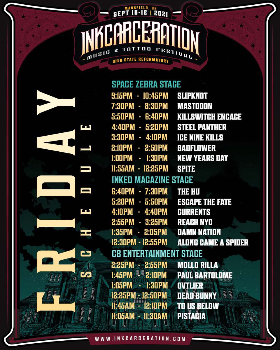 InkcarFestival's tweet photo. Your official daily set times are HERE! Tag your friends and start coordinating your personal show schedule now 🤘  
We are so excited to see you in just over ✌️ weeks! https://t.co/AJfIyKiD7o