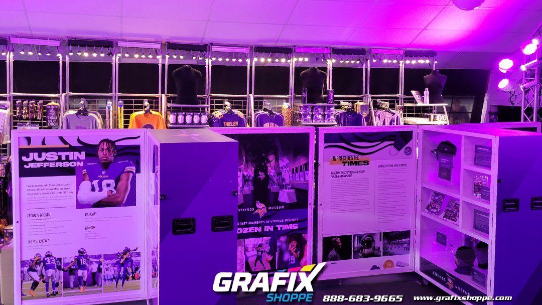 GrafixShoppe's tweet photo. The Minnesota State Fair opens today! Here’s a sneak peak of the MN Vikings State Fair Booth and the graphics that we produced and installed. Go VIKES! 

#mnstatefair #largeformatprinting #3mvinyl #mnvikings #minnesotavikings #MinnesotaStateFair #skolvikings https://t.co/FNEnw2u4ml