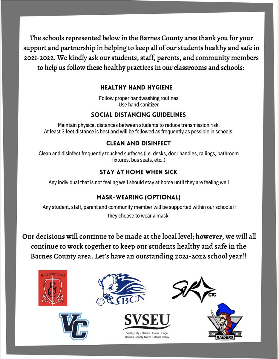 Best wishes to everyone for a healthy and safe beginning to the 2021-2022 school year.  Along with the schools in the Barnes County Area, we are encouraging our students and staff to follow these healthy practices at VCPS!