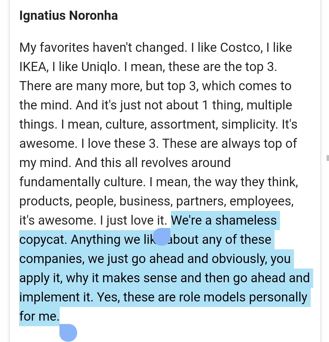 Interesting point from recent analyst meet of DMart where the CEO talks about their strategy of being 'shameless copycat'... Very similar to Sam Walton's thought process ...