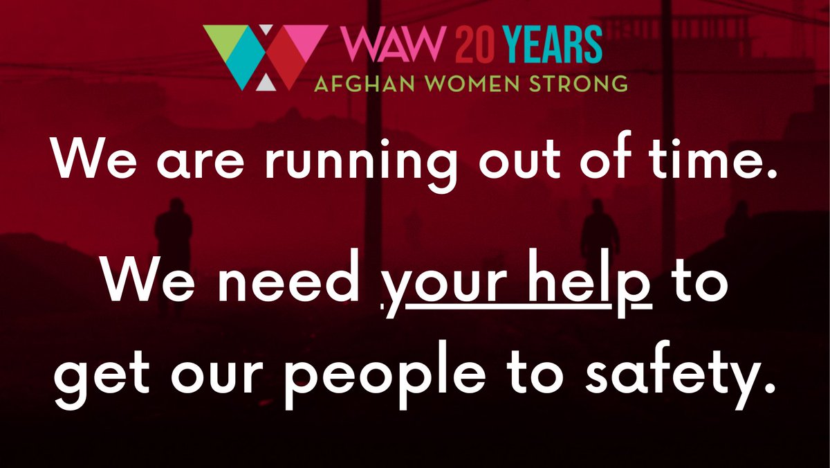 WAWHumanRights's tweet image. We only have a few days left before Pres. Biden's deadline of Aug 31st. The US has not evacuated any WAW staff/clients. We had hoped that the 500 most at-risk people affiliated with the largest Afghan women’s org—one funded by the US gov—would be among the first to be evacuated.
