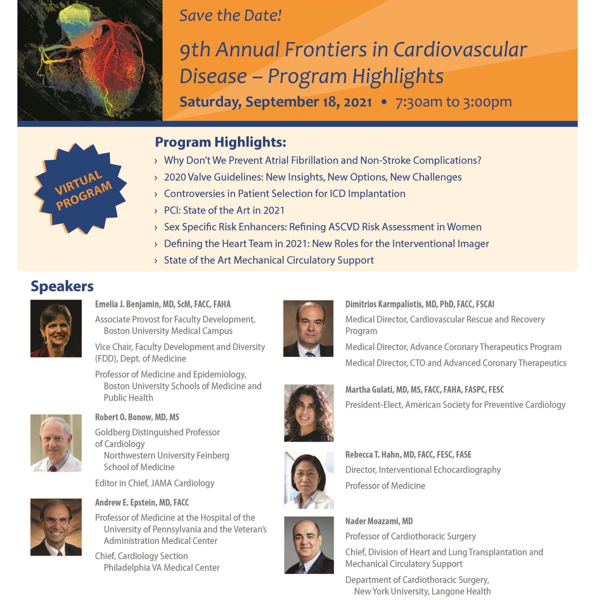 AtlanticHealth's tweet photo. Registration is open for the 9th Annual Frontiers in Cardiovascular Disease virtual program on September 18! Register here: https://t.co/0zsLfZJQdC

This virtual symposium is perfect for physicians, PA's, nurses, and the medical community. Earn 6.5 AMA PRA Category 1 Credits™. https://t.co/RmFr4CKbuY