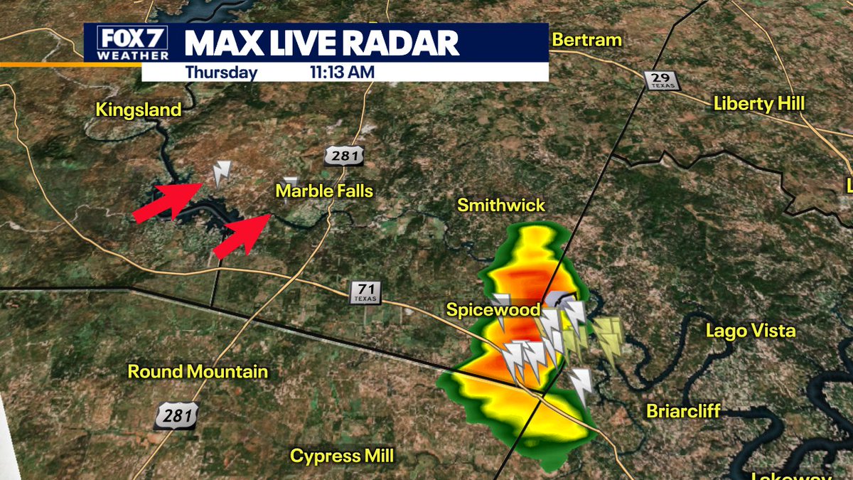 zackshieldsFOX7's tweet image. Look out for bolts out of the blue near Marble Falls. No rain there but a few cloud to ground lightning strikes. #FOX7Austin #boltoutoftheblue #texasstorms