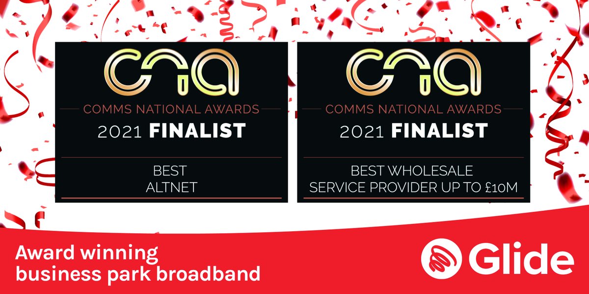 We are excited to announce that Glide are finalists in TWO categories of the Comms National Awards! We're nominated for Best AltNet and Best Wholesale Service Provider &lt;10m 🎉 Congratulations to all our teams for their hard work and best of luck to all nominees 😀 🏆 #cnawards