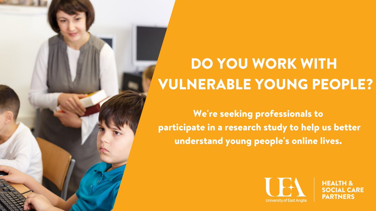 Dr Simon P Hammond (@drsihammond) on Twitter photo I am seeking 30 professionals who work with vulnerable children between ages 8-16 for a research project, to help us better understand young people's online lives.
If you are interested in taking part, please head over to x.com/UEAHSCP/status… or email me S.Hammond@uea.ac.uk I am seeking 30 professionals who work with vulnerable children between ages 8-16 for a research project, to help us better understand young people's online lives.
If you are interested in taking part, please head over to x.com/UEAHSCP/status… or email me S.Hammond@uea.ac.uk