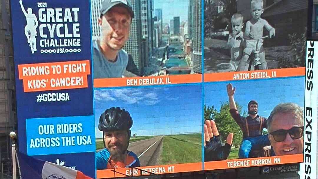 terrymorrow22's tweet photo. Starting Sept. 1, I ride again in the Great Cycle Challenge to help kids fighting cancer--as shown in Times Square yesterday! I hope you can support this critically important cause.  Thank you! https://t.co/zJNcwENzAX https://t.co/nIGne4rCvJ