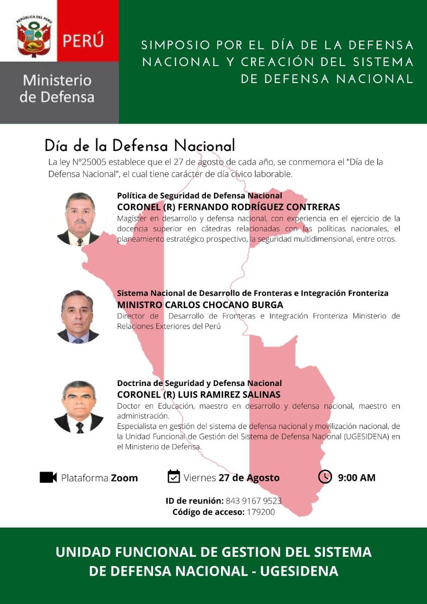 EjercitoPeru's tweet photo. #AnuncioEP | Simposio por el Día de la Defensa Nacional y creación del Sistema de Defensa Nacional.
🗓viernes 27 de agosto
🕓9:00 am
🎬Plataforma Zoom (Gratuito)
ID Reunión: 843 9167 9523
Código de acceso: 179200
Leer más: https://t.co/XceEZLbfkI https://t.co/r5ZuEO8x0e