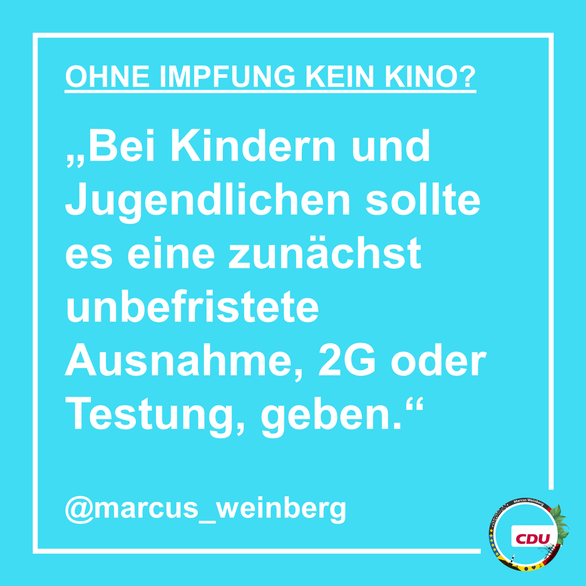 "OHNE #IMPFUNG KEIN #KINO
#Hamburg setzt Jugendliche unter Druck"

Mit den neuen Regeln des #Hamburger #Senats wird #Kindern und #Jugendlichen, die sich noch nicht impfen lassen konnten, die Soziale Teilhabe verwehrt. Kein Kino? Kein Zoo? Für mich ein No-Go!