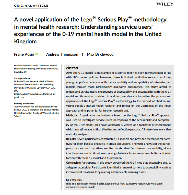 F_Vusio's tweet photo. Very happy that I got an opportunity to present this just-published Lego®Serious Play® qualitative method paper to the Qualitative Research on Mental Health conference - 10th of September, 2018  #qrmh8 #symvoli  #qualitative #MentalHealthMatters #youngpeople https://t.co/jm7jiyzj4K