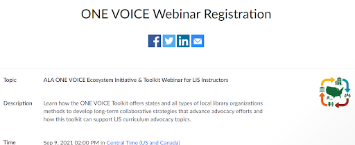 ALALibrary's tweet photo. #LISInstructors: Register https://t.co/ZXGSSuSsMr and learn how to encourage students to plan collaboration across lib types with the ready-to-use tools in the #ALAOneVoice Toolkit. #ALISEHQ #AASL-ESLS #LISEducation #ALAEcosystem https://t.co/LfH0hRSK7P