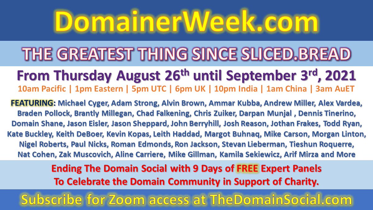 TheDomainSocial's tweet photo. Domainer Week Starts Now!
- Schedule available at: https://t.co/F7hrgYF29R
- YouTube Live Stream: https://t.co/AGHzl7ty3d
- FREE charity event with 20+ sessions with dozens of industry experts!
- Subscribe for FREE and full zoom access to the entire week:
https://t.co/keJXbJUBHd https://t.co/VuA15BujZw
