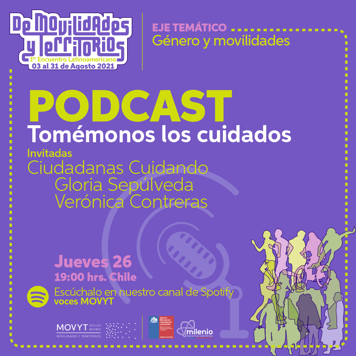 #MesDeLaMovilidad ¡HOY! 📢 a las 19:00 sesión de podcast "Tomémonos los cuidados" que discute los cuidados y la ciudad a partir de las experiencias de dirigentes y activistas, con Gloria Sepúlveda y Verónica Contreras.

¡No te lo pierdas! Por #VOCESMOVYT de Spotify🎙️
<a href="/CentrosAnid/">Centros ANID</a>