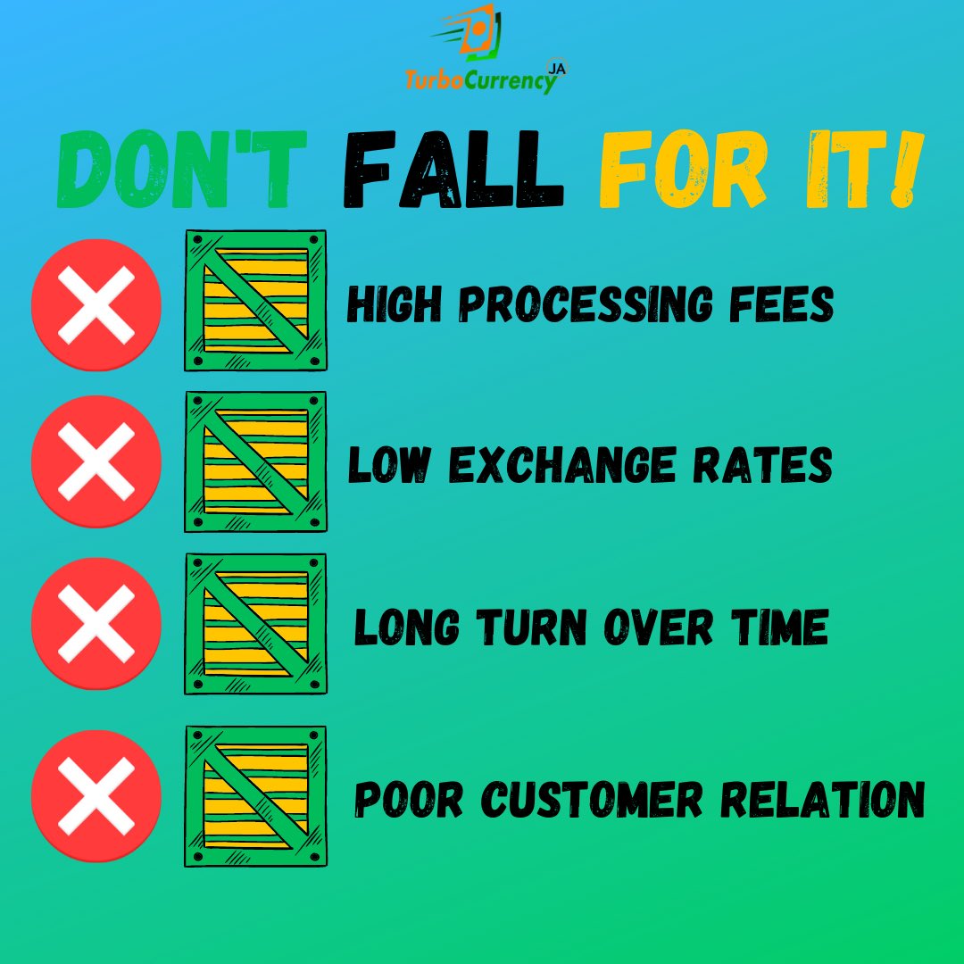turbotransferja's tweet image. DO NOT FALL FOR IT❌‼️
Don&apos;t Be a victim of:

•High Processing Fees⬆️💵

•Low Exchange Rates⬇️💵

•Long Turn Over Times⌛😪

•Poor Customer Service🙄

Switch To Turbo Currency Exchange JA🇯🇲 

Reliable🤝🏽 Efficient📈 and Fast⏱️ #Turboexchange  🏎💨