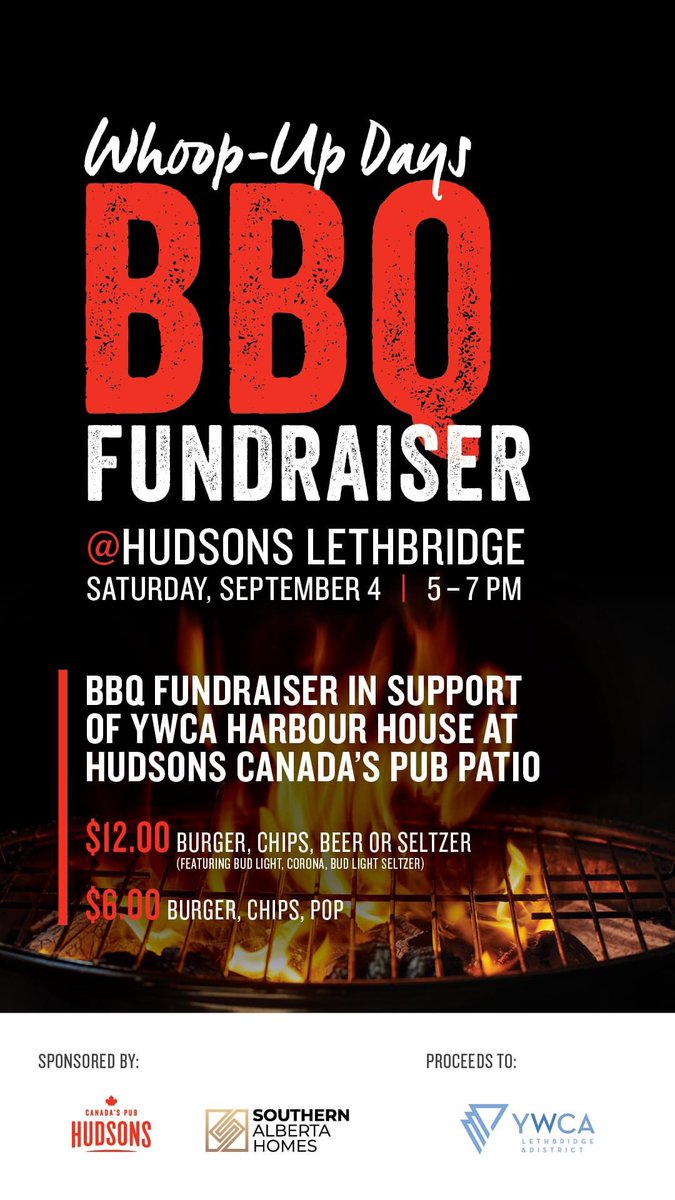 ally_keith_'s tweet photo. Whoop-Up Days BBQ coming in hot!

Support YWCA Lethbridge &amp; District with burgers, drinks and music at Hudsons Canada's Pub on September 4! https://t.co/HBQe6yjj2G