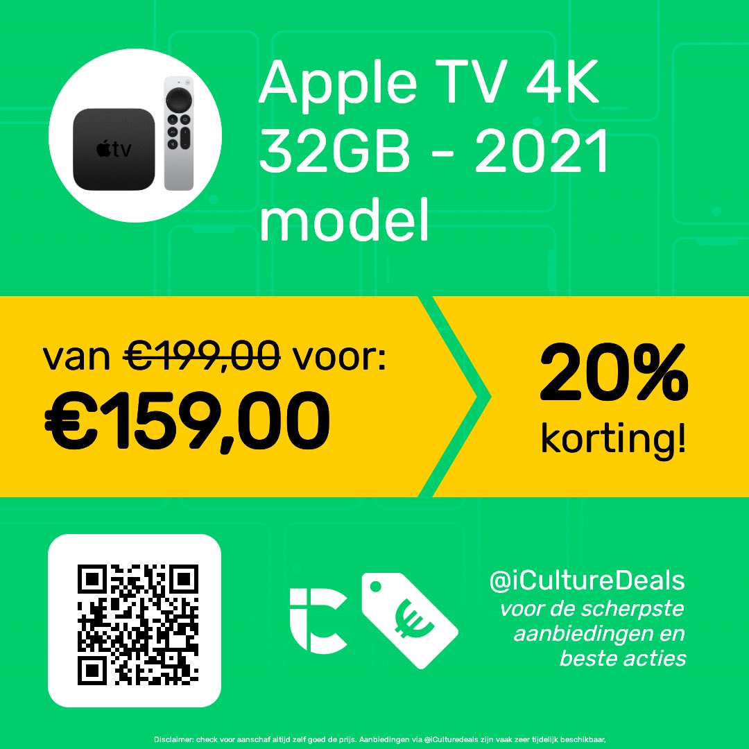 iCulture Deals Twitter: "Apple TV 4K 32GB - 2021 model Van €199,00 voor €159,00 (korting: -20%) → https://t.co/gos5Tw74CA https://t.co/tfwnPbPhju" / Twitter