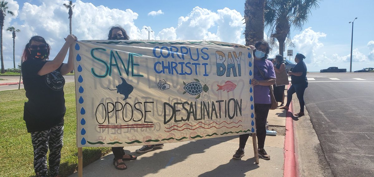 NOW! Corpus Christi & RGV folks are demonstrating outside the @PoccaPort's State of Energy w/Fossil Fuel CEOs. We're here with banners urging the Port to stop supporting desalination plants that buildout the toxic cancer-causing oil & gas industry on Gulf Coast #NoDesal #StopModa