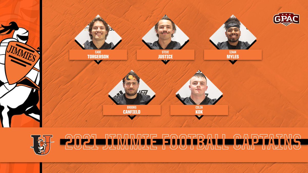 Jimmie Athletics (@jimmieathletics) on Twitter photo Here are the 2021 <a href="/JimmieFootball/">Jamestown Football</a> captains!
Offense: Cade Torgerson, Steve Justice
Defense: Brooks Canfield, Colin Kok
Special Teams: Izaak Myles
#GoJimmies #JimmiePride #chopandcarry Here are the 2021 <a href="/JimmieFootball/">Jamestown Football</a> captains!
Offense: Cade Torgerson, Steve Justice
Defense: Brooks Canfield, Colin Kok
Special Teams: Izaak Myles
#GoJimmies #JimmiePride #chopandcarry