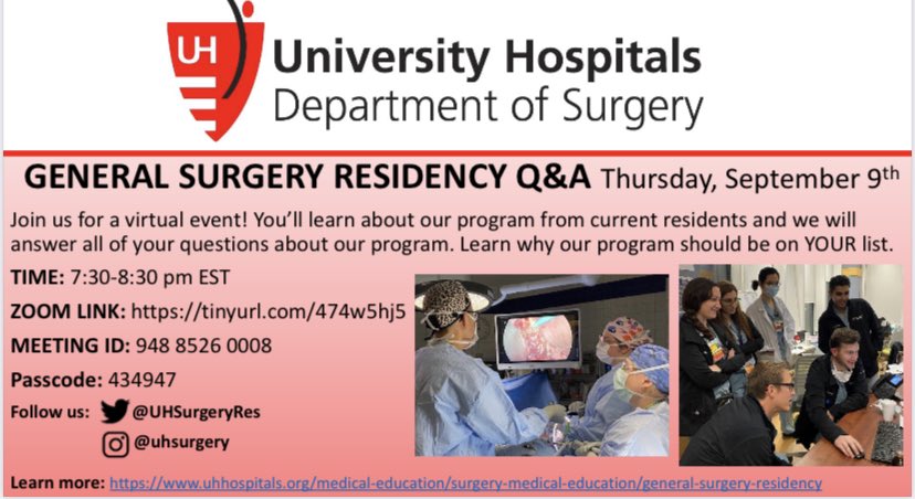 Join us for a virtual Q&amp;A Thursday, September 9th at 7:30pm !

Learn about our program from the folks who know it best-our current residents. Hope to see you there! 

Zoom link: tinyurl.com/474w5hj5

Learn more: uhhospitals.org/medical-educat…