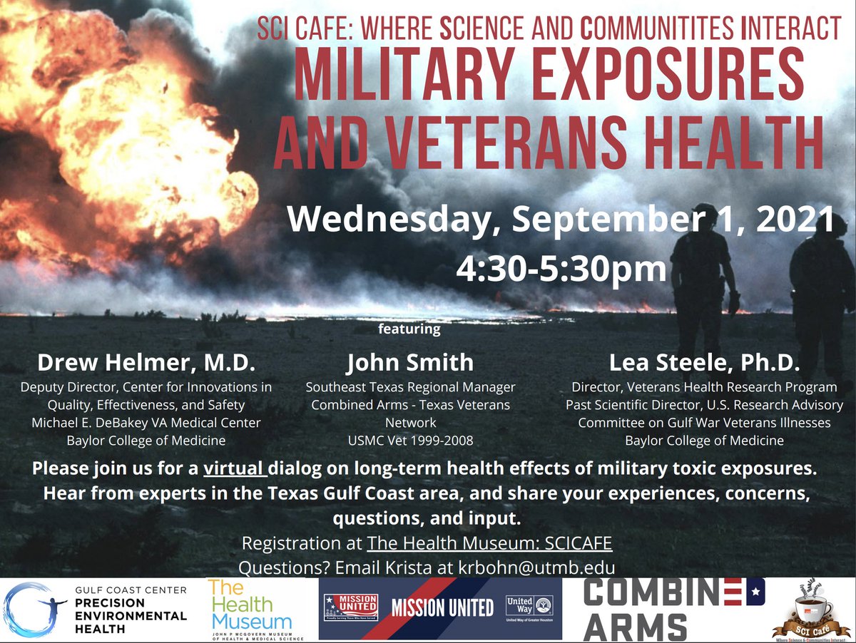 Doc4Deployed's tweet image. If you are a veteran or caregiver in the Gulf Coast region interested in learning more about military exposures, there will be a community discussion on Sept. 1, 2021. Relevant resources will be shared.
3586.blackbaudhosting.com/3586/SCI-Cafe-…
#Gulfcoast #veteranhealth #houstonveterans #veteran