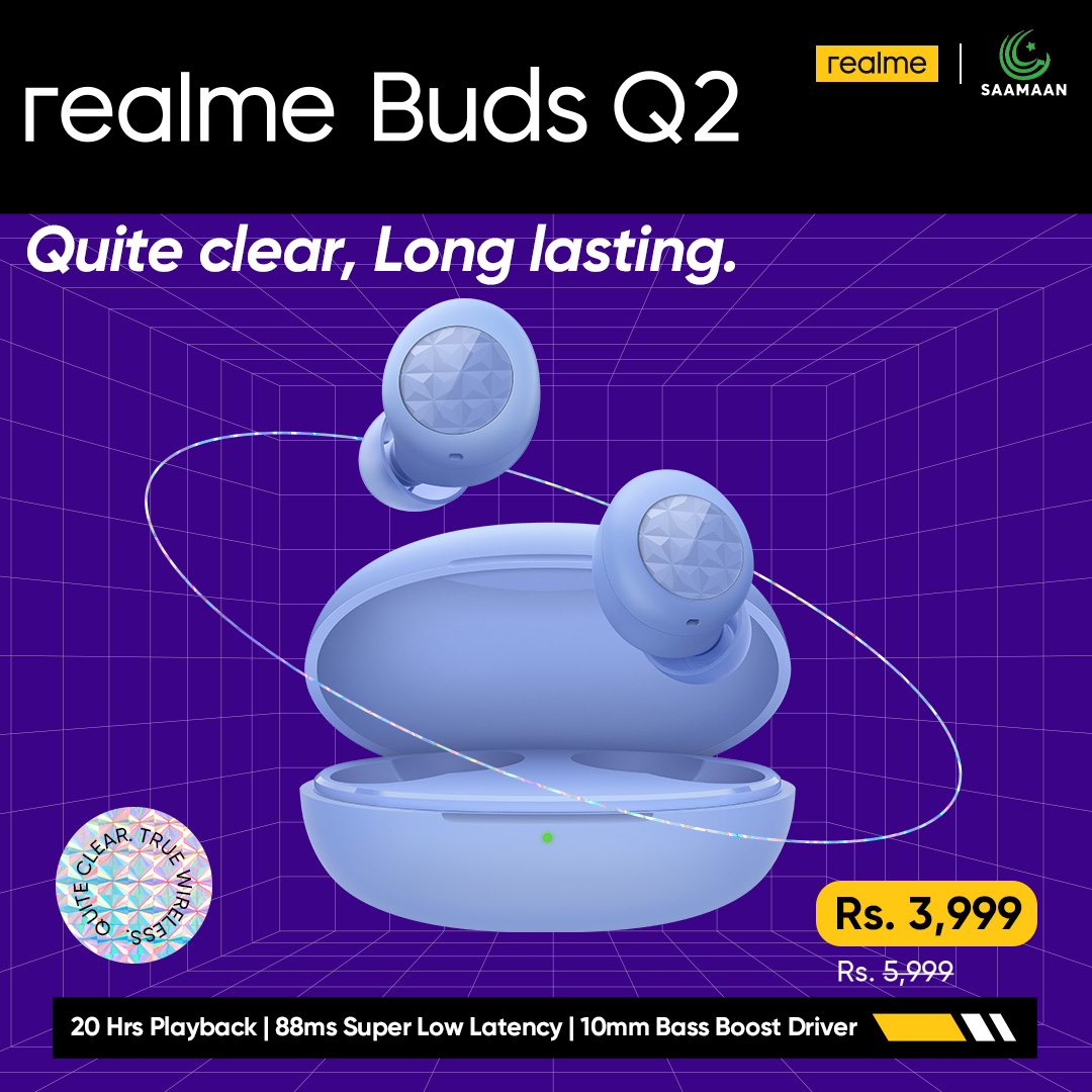 You were looking for the buds that are lighter than a piece of paper and packed with the latest features in a budget, we heard you and brought the #realmeBudsQ2 that has:
✅ 20-hours of Total Playback Time
✅ 10mm Bass Boost Driver
✅ Environmental Noise.. facebook.com/Pakistanrealme…