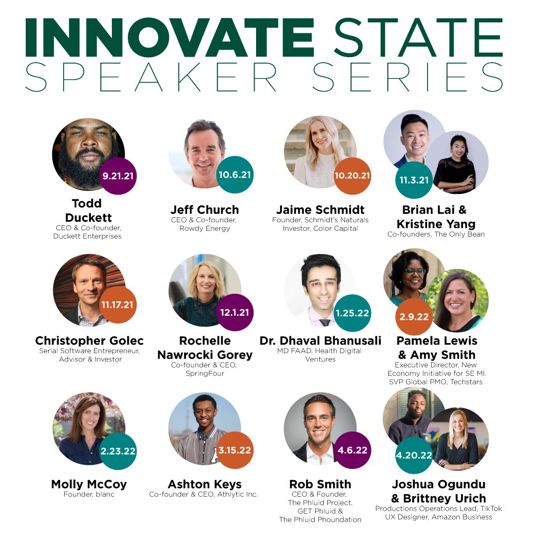 We were so eager to share our #InnovateState lineup, we dispatched a graphic with a typo. <a href="/jaimeschmidt/">Jaime Schmidt</a>, we’re sorry! 

Now, if you’re motivated to hear from these amazing <a href="/msualumni/">MSU Alumni</a>, you can register to attend all these hybrid events: eship.msu.edu/innovate-state