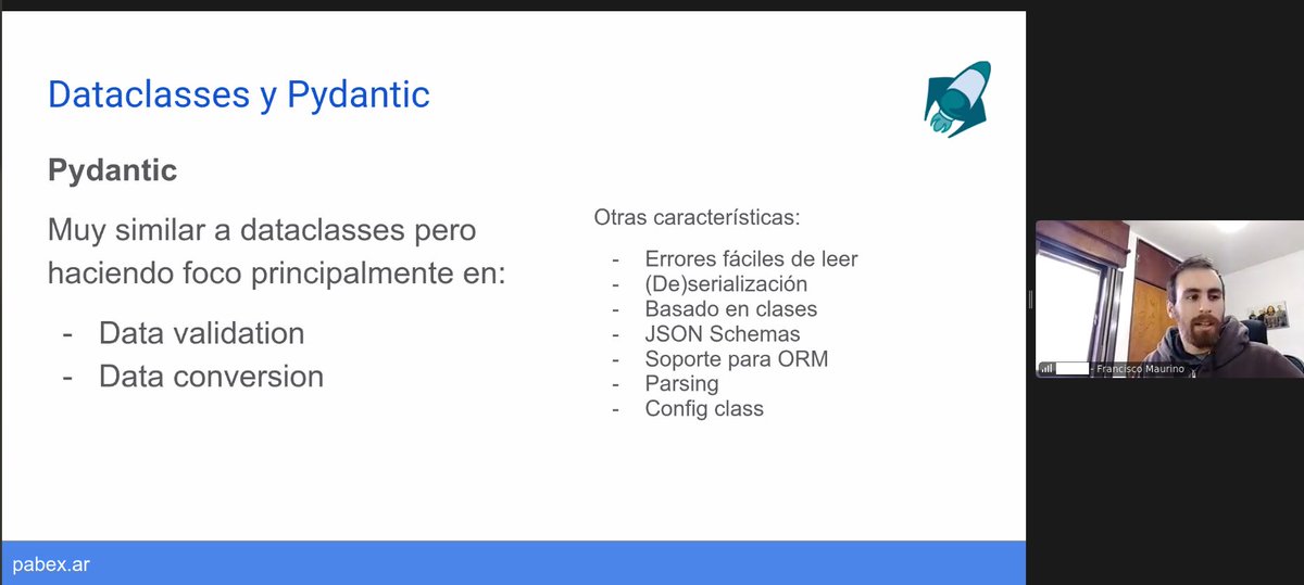 pabex_ar's tweet photo. @Laikos38 dictando el webinar: "Pydantic y tipado: una intro a lo nuevo en Python" https://t.co/dt0iPXxrg5