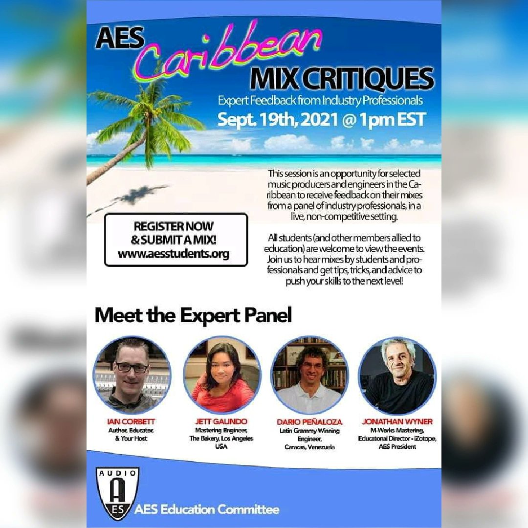 AesCaribbean's tweet photo. Extended deadline and a new date for the event! 

Register to attend this and support fellow engineers and producers in the Caribbean!

https://t.co/WyWWFeAxpA

#AESshow https://t.co/6SslaN7pXX