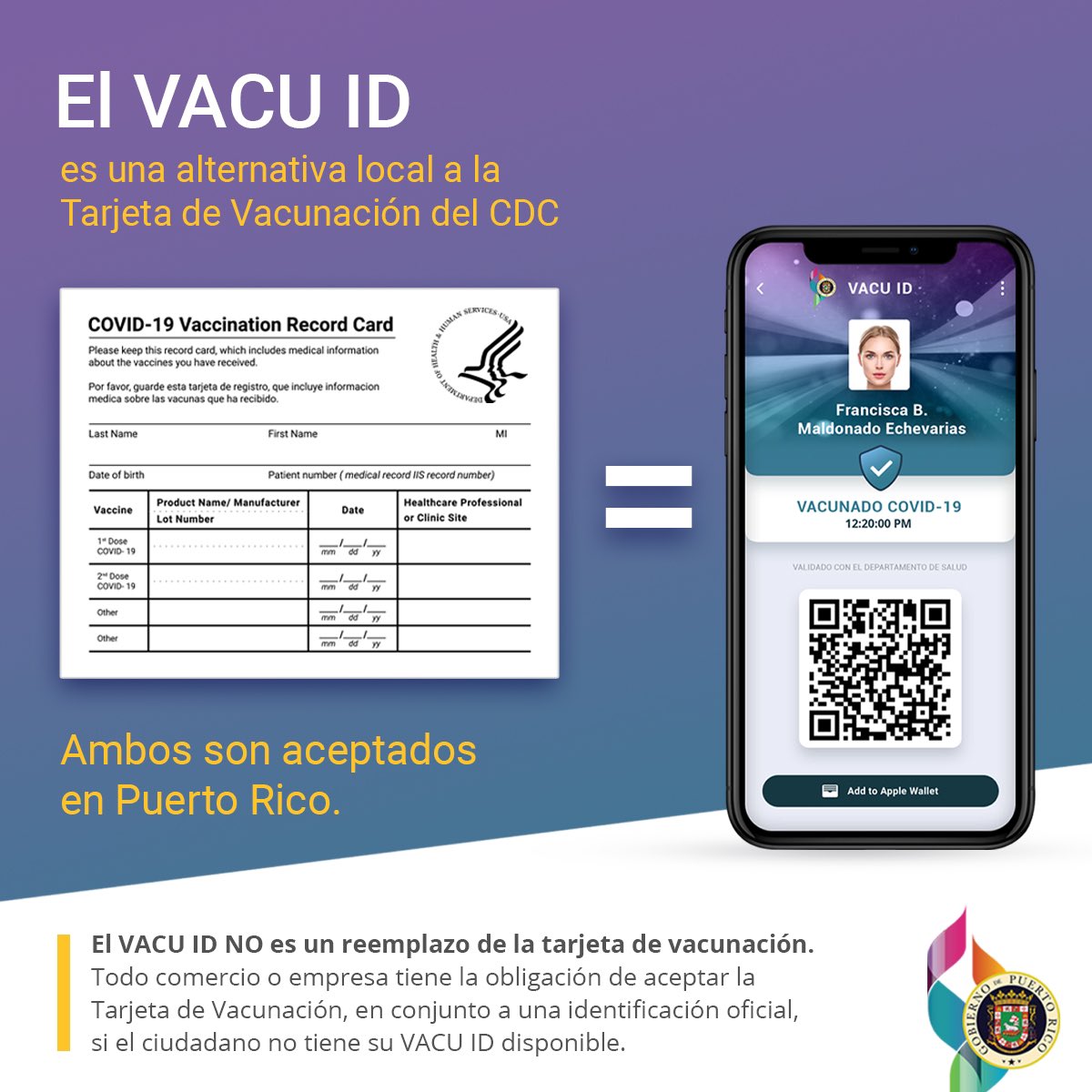 prdirprits's tweet photo. El #VACUID es un credencial oficial expedido por el Gobierno de Puerto Rico que certifica la vacunación contra el COVID-19, pero no reemplaza la tarjeta de vacunación. Ambos son válidos y aceptados en todos los establecimientos que exigen certificación de vacunación. https://t.co/kUgn5CDFS8