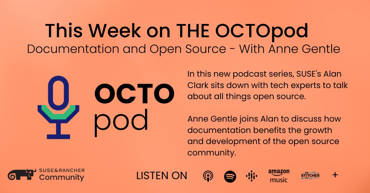 Rancher_Labs's tweet image. Hear @annegentle discuss the concept of #docslikecode, the importance of documentation and how it promotes growth in the #opensource community with @SUSE's @AlanHClark in the latest #TheOCTOpod episode.
okt.to/8zId4L
#podcast #PodcastRecommendations #podcasts #tech