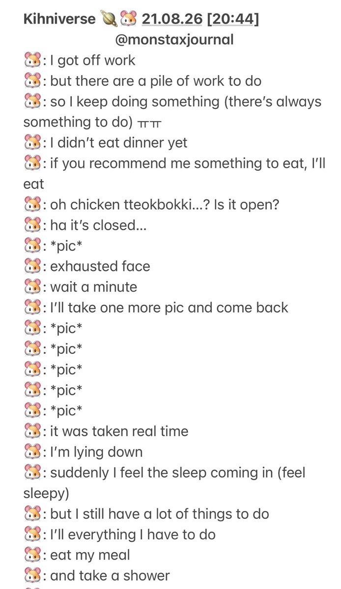 monstaxjournal's tweet photo. #Kihniverse 🪐🐹 210826 [20:44]
• Kihyun said the cover song will be uploaded in the near future ♡
• Kihyun said he has so many things to do yesterday ㅠㅠㅠ
• He takes chicken very serious ㅎㅎ 👀 https://t.co/HqJtFKWydK