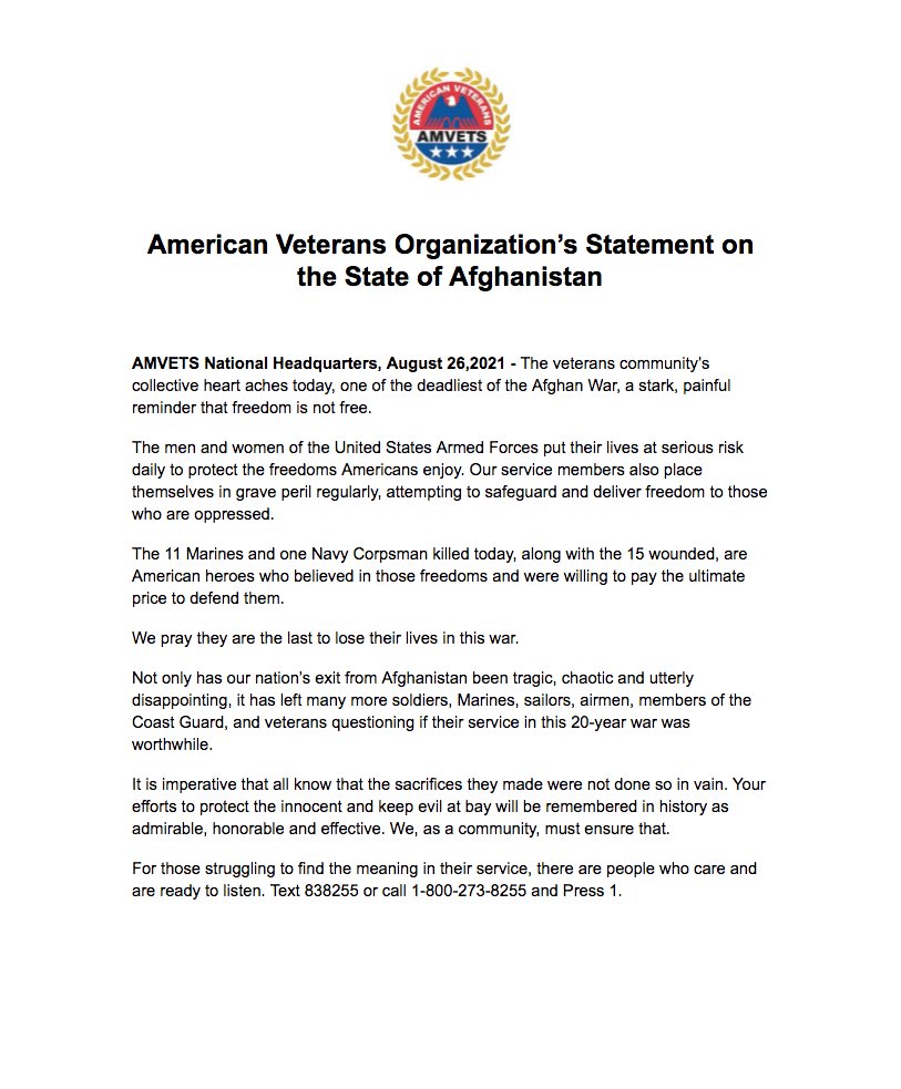 AMVETS' statement on the attacks at the airport in Kabul, #Afghanistan, today.

PDF version: bit.ly/AVSTATEMENT082…
