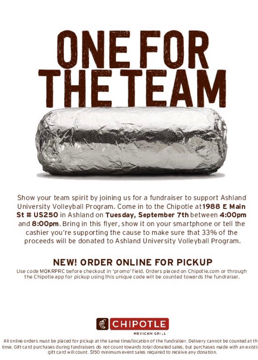 Help support Ashland University Volleyball by coming to the Chipotle on E Main Street in Ashland from 4pm-8pm!! Show this flyer or say you’re with Ashland Volleyball to donate 33% of the proceeds to our program!!