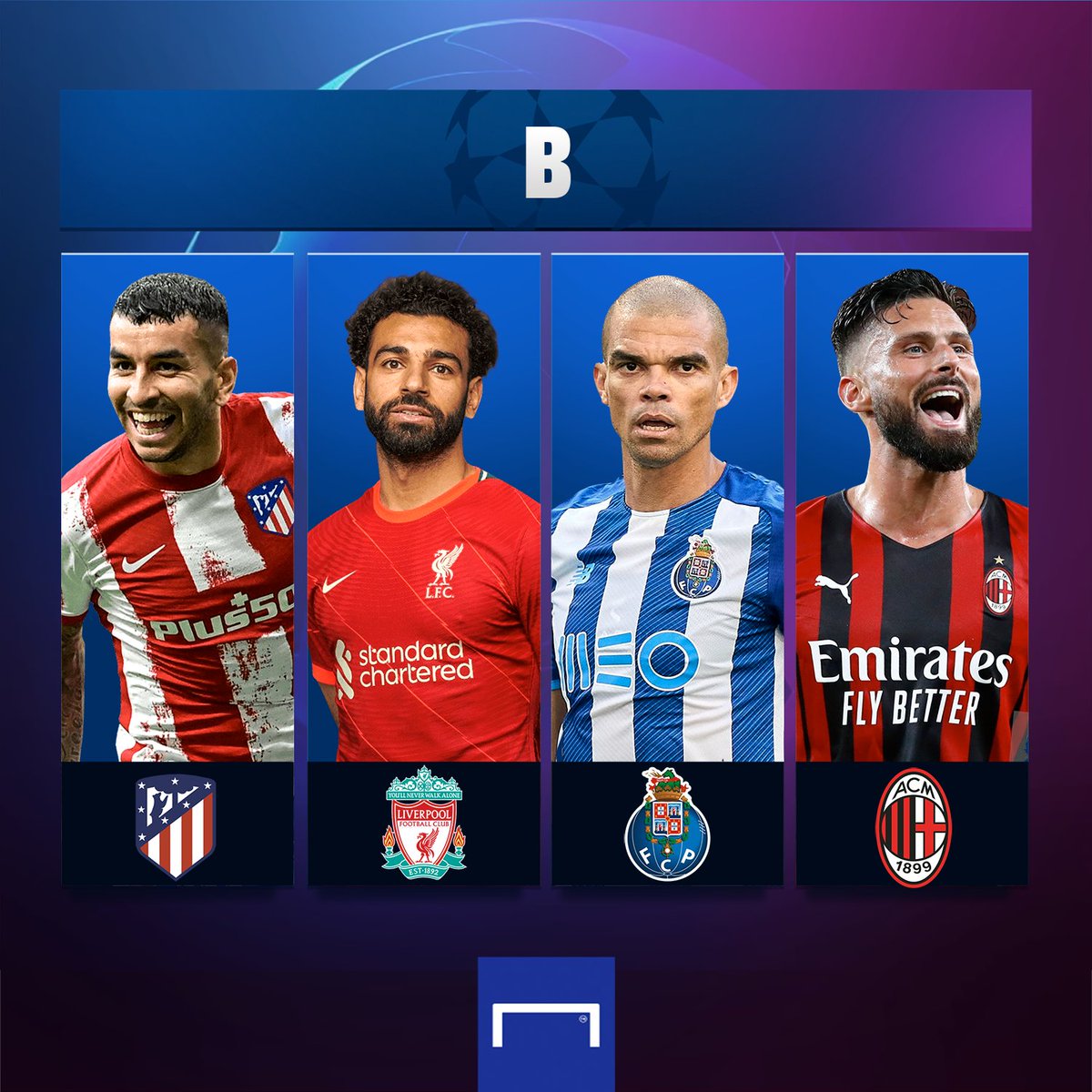 goal's tweet photo. Group A: Man City, PSG, RB Leipzig, Club Brugge
Group B: Atletico, Liverpool, Porto, Milan
Group C: Sporting, Dortmund, Ajax, Besiktas
Group D: Inter, Real Madrid, Shakhtar, Sheriff

#UCLDraw https://t.co/ZcB9RADx7w