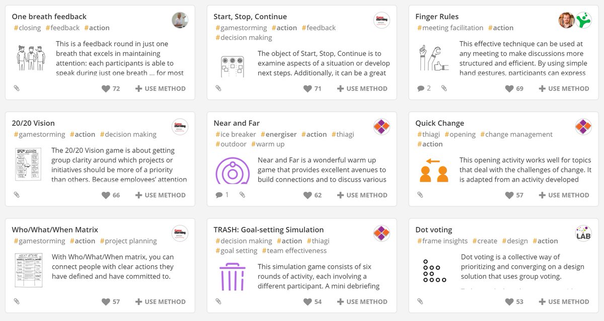 HelenBevan's tweet image. For anyone who leads/facilitates workshops or planning sessions - virtual or face to face. @SessionLab has over 900 methods in its free library of facilitation techniques: sessionlab.com/library?utm_so… I particularly like the section labelled &quot;action&quot; - tools to create better decisions