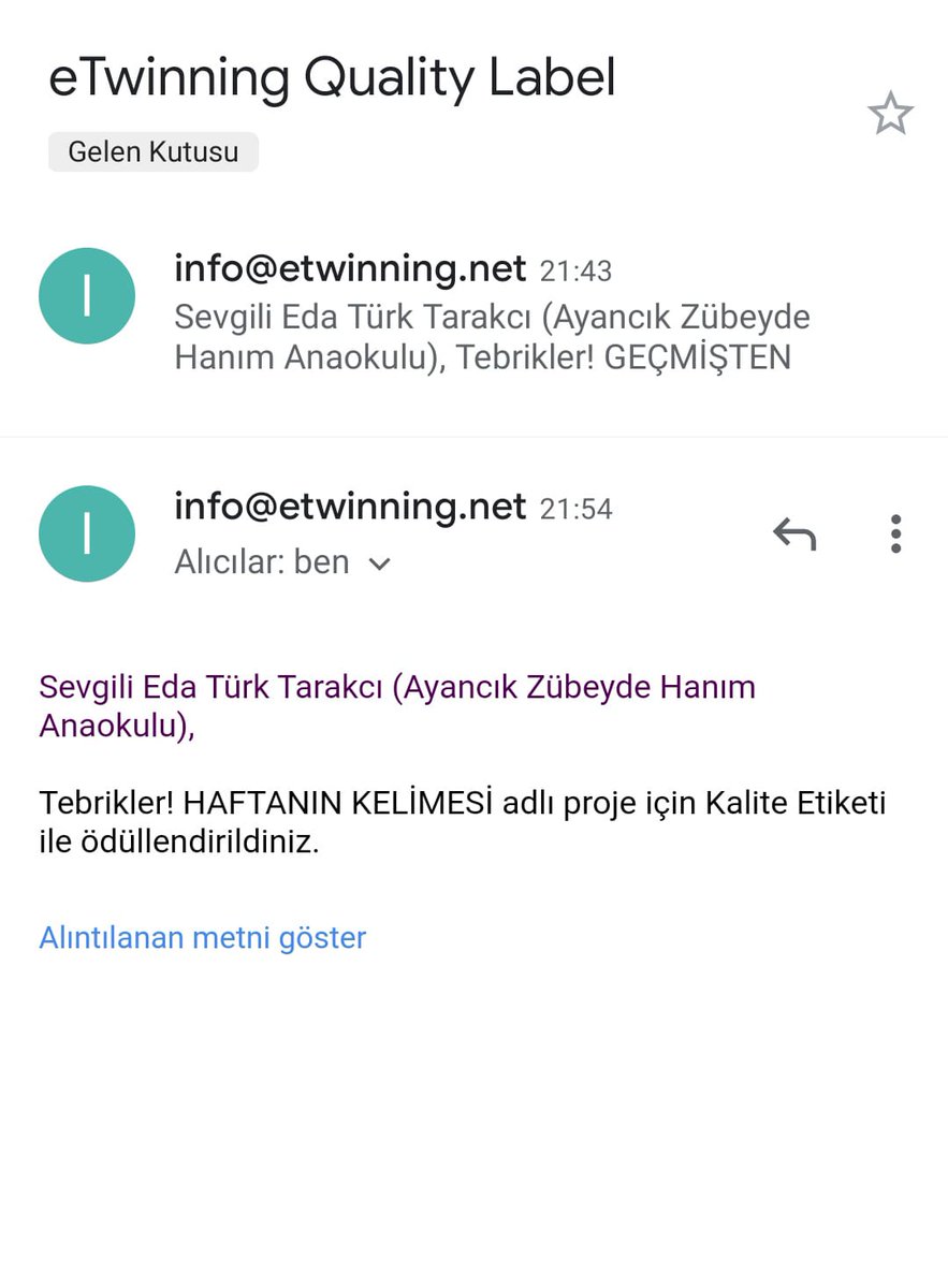 Esen YANIK, Fidan YÜKSEL, Eda T. TARAKCI ögretmenlerimiz;iki tanesi, kurucusu Fidan YÜKSEL'in olduğu, toplamda 4 farklı projeden 10 tane E-Twinning Kalite Etiketi Ödülü almışlardır.Tebrik eder, emekleri için teşekkür ederiz.<a href="/sinopilmem/">Sinop Milli Eğitim Müdürlüğü</a> <a href="/YLDZercan1957/">Ercan Yıldız🇹🇷</a> @Ayancik57_MEM <a href="/halitnihat/">Nihat ERGÜL</a>