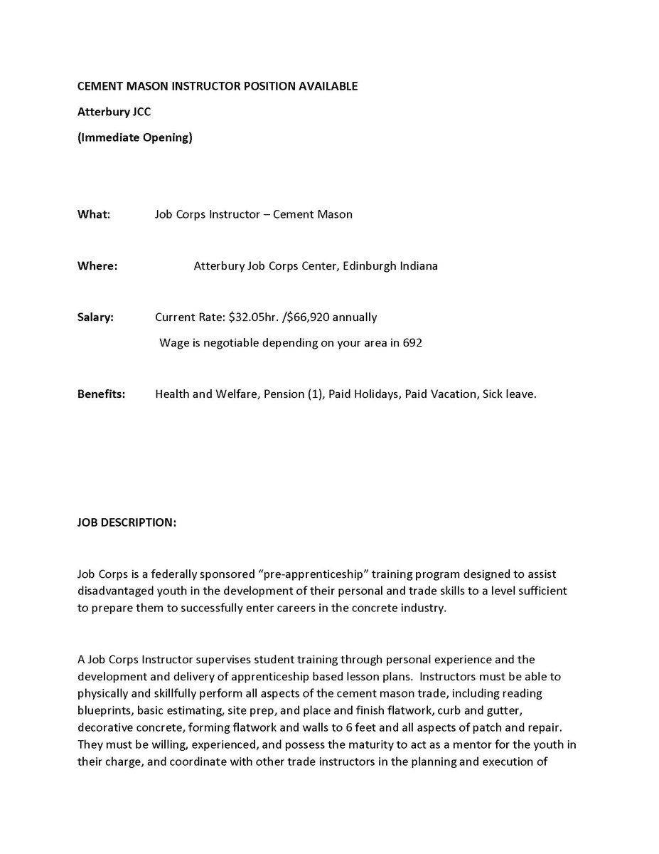 OPCMIATraining's tweet photo. JOB OPENING – CEMENT MASON INSTRUCTOR
  
NPIJATF has an opening at Atterbury Job Corps Center, Edinburgh Indiana.

Please see attachments and if interested contact Jerry Kriskovich at 202-251-5330 https://t.co/aeodGUucFk