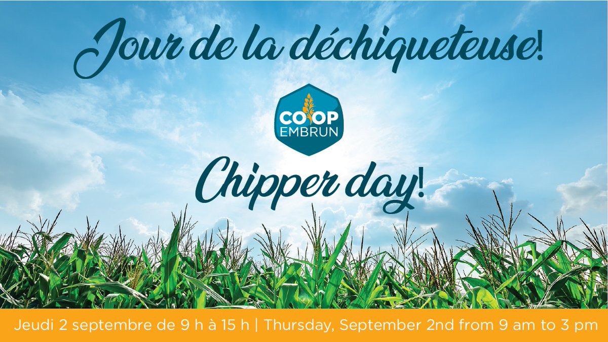 CoopEmbrun's tweet photo. You're invited!
Come to test your corn silage moisture!
Thursday September 2nd from 9am to 3pm
Coffee & donuts provided!
Contact your rep!
#youreinvited #chipperday #cornsilage #harvest21 https://t.co/AtSzh3UIr9