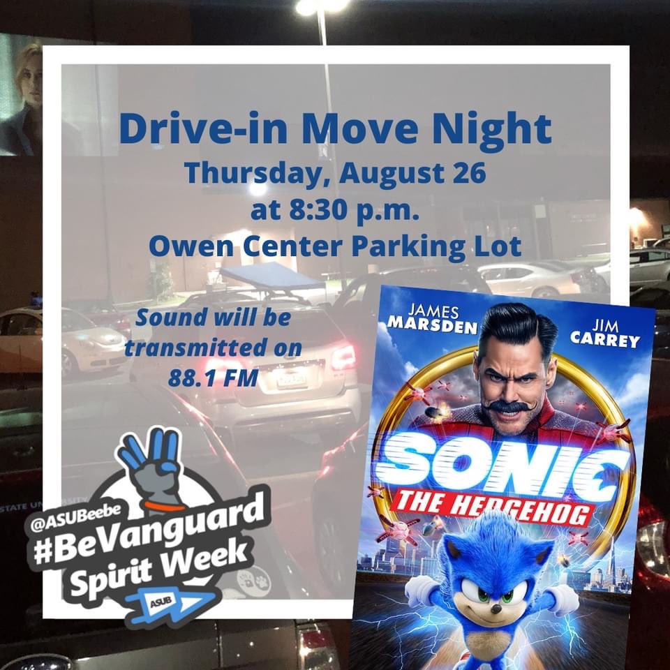 Students! Don’t miss the Drive-in Movie tonight at 8:30 p.m. in the Owen Center parking lot. We are screening “Sonic the Hedgehog” (2020). Audio will be broadcasted on 88.1 FM .#BeVanguard #StudentLife https://t.co/sNCUWwiu15