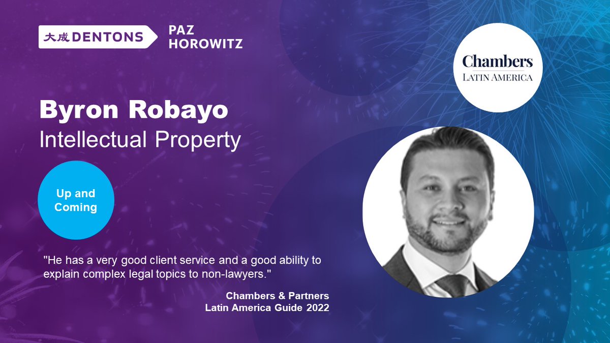 Estamos orgullosos de anunciar que nuestro Socio <a href="/ByronRobayoIP/">Byron Robayo</a> ha sido reconocido en la edición 2022 de <a href="/ChambersGuides/">Chambers and Partners</a> Latin America como Up and Coming en el área de Propiedad Intelectual. ¡Felicitaciones!
#chambersandpartners #latinamerica #lawyer #rankings #Dentons #Ecuador