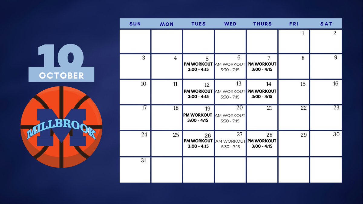Fall workouts for Sept and Oct are attached.  Workouts are open to all Millbrook students. Tuesdays and Thursdays are from 3:00 - 4:15. Wednesdays are AM workouts from 5:30 - 7:15. Please see Coach Grubbs in room 417 if you have any questions. #pioneerpride