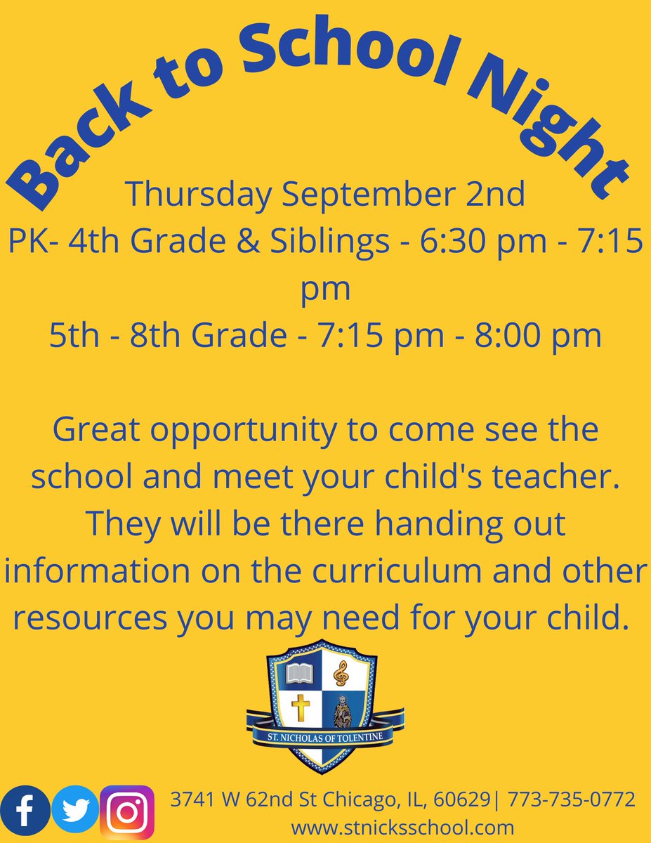 SNicksschool's tweet photo. Attention all St. Nick's families please join us next Thursday Sept. 2nd for Back to School Night. Meet your child's teacher and learn more about the year. Reminder that masks are required indoors and please arrive during your designated time only https://t.co/uZqzoyVpCI