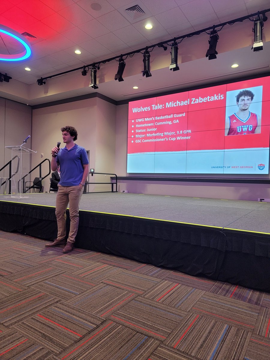 Can't go wrong when you roll out the <a href="/GulfSouth/">Gulf South Conference</a> Commissioner's Cup winner and <a href="/UWG_MBB/">UWG Basketball</a> student-athlete Michael Zabetakis to speak to your special guests at the <a href="/UnivWestGa/">UWG</a> Athletics Foundation Board. #WeRunTogether