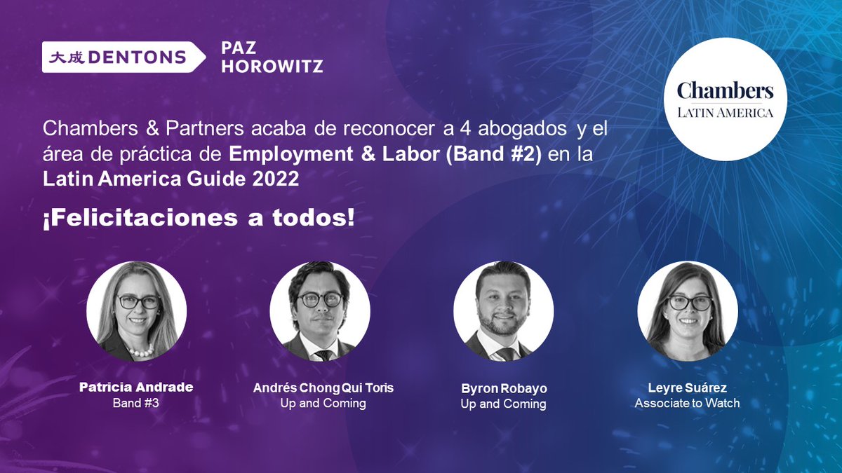 Felices de haber sido reconocidos un año más en la edición 2022 de Chambers and Partners Latin America. ¡Felicitamos a todos!
<a href="/patiandradev/">Pati Andrade</a> <a href="/dtrabajo_ec/">Andrés Chong Qui Toris</a> <a href="/ByronRobayoIP/">Byron Robayo</a> <a href="/leyresuarez/">Leyre Suárez</a> 

#chambersandpartners #latinamerica #lawyers #rankings #Dentons #Ecuador