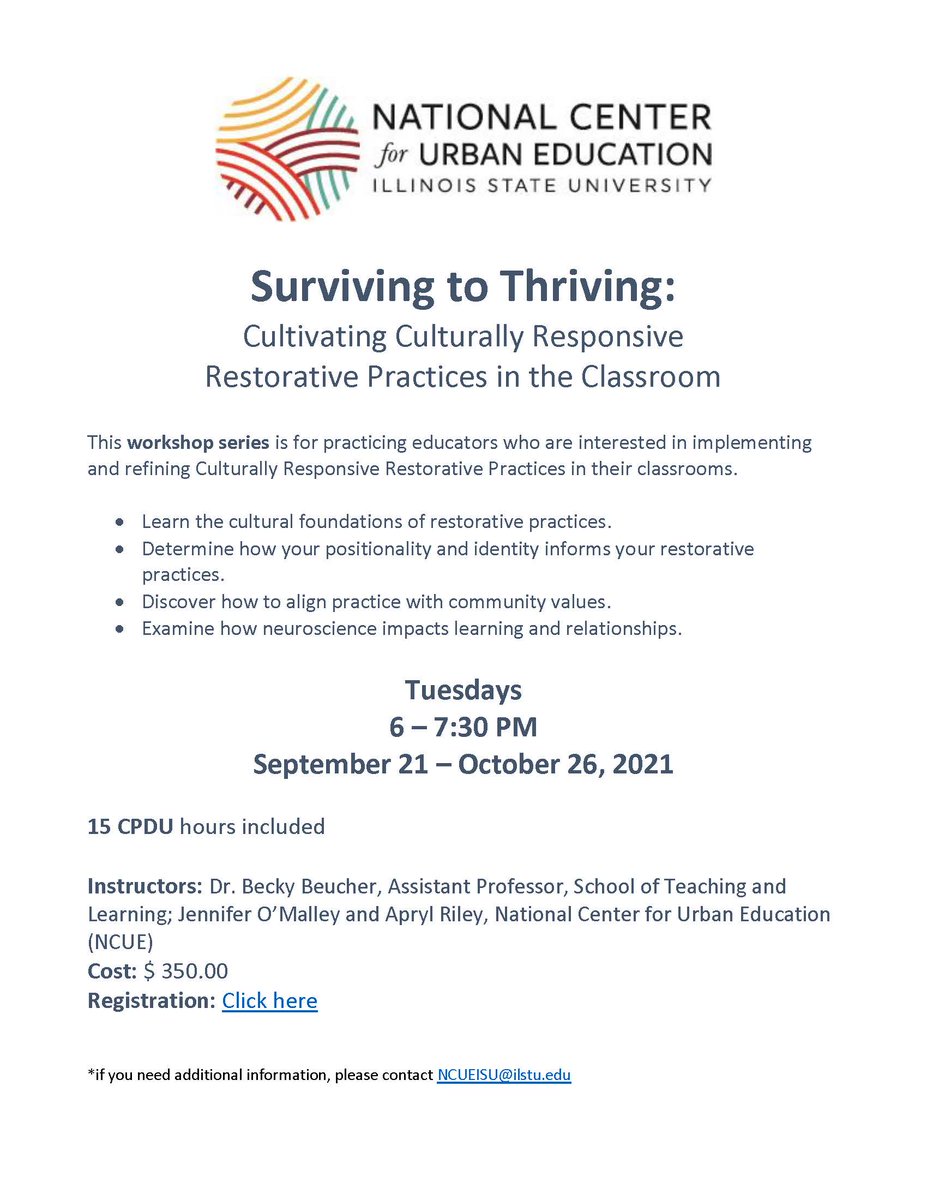 educationISU's tweet photo. The National Center for Urban Education will be hosting a workshop series on cultivating culturally responsive restorative practices for practicing educators on Tuesday nights starting September 21. Register soon! 
https://t.co/mcQ2NCUgae https://t.co/mQV1Olyg1S